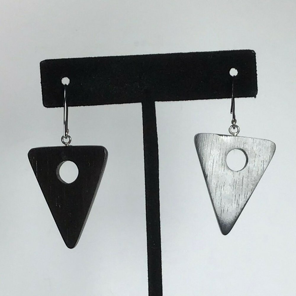 Wood Silver Triangle Triangular Dangle Earrings - image 3